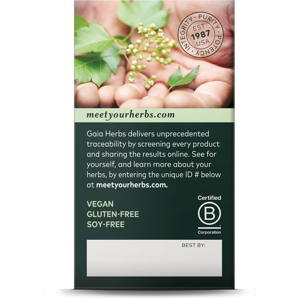 GH159 | back panel showing herbs photo, meetyourherbs.com, vegan gluten-free soy-free labels, certified B seal and best-by box - Thumbnail
