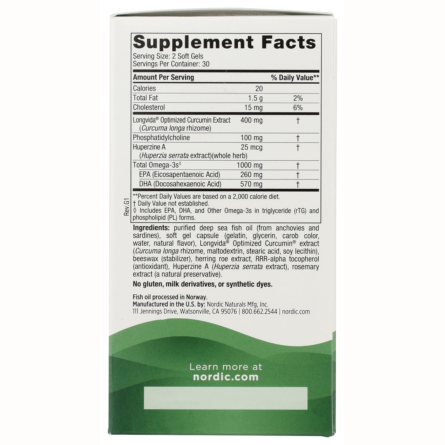 NRN083 | Supplement facts and ingredients panel on back of Nordic Naturals box with Learn more at nordic.com