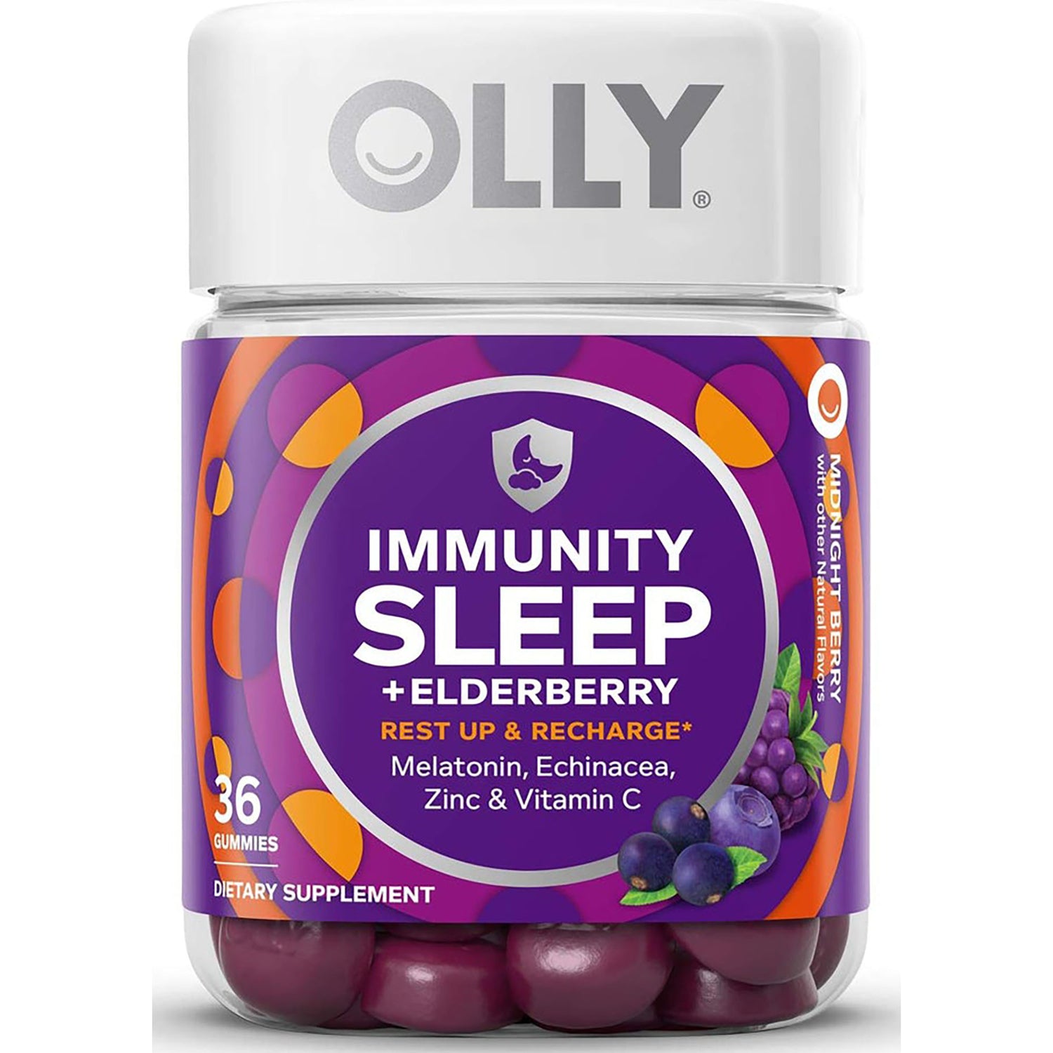 OLY006 | Jar of OLLY Immunity Sleep +Elderberry dietary supplement gummies with purple label and white cap