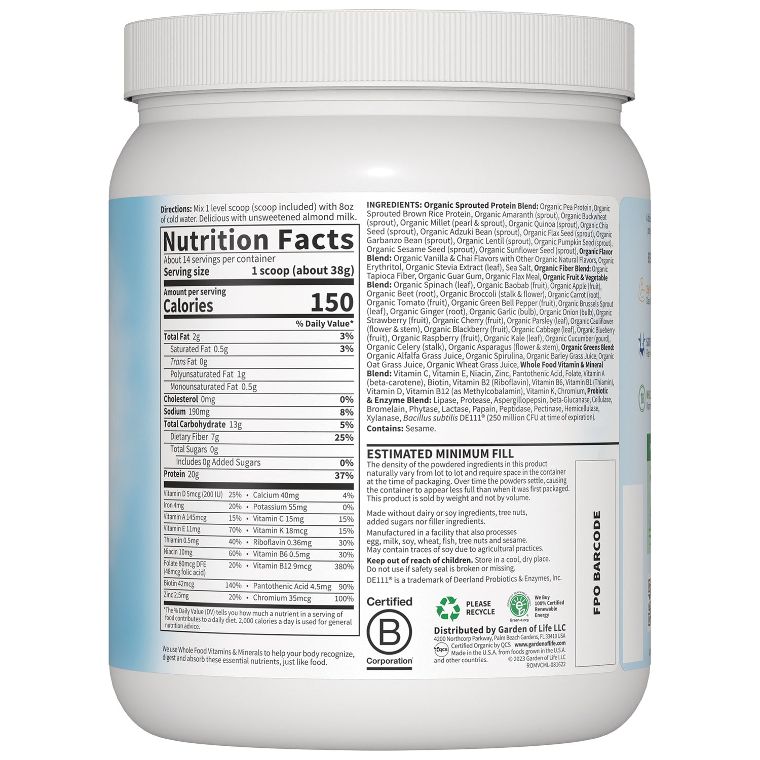 GLF160 | Back label showing Nutrition Facts panel, ingredients, and estimated minimum fill on white supplement tub