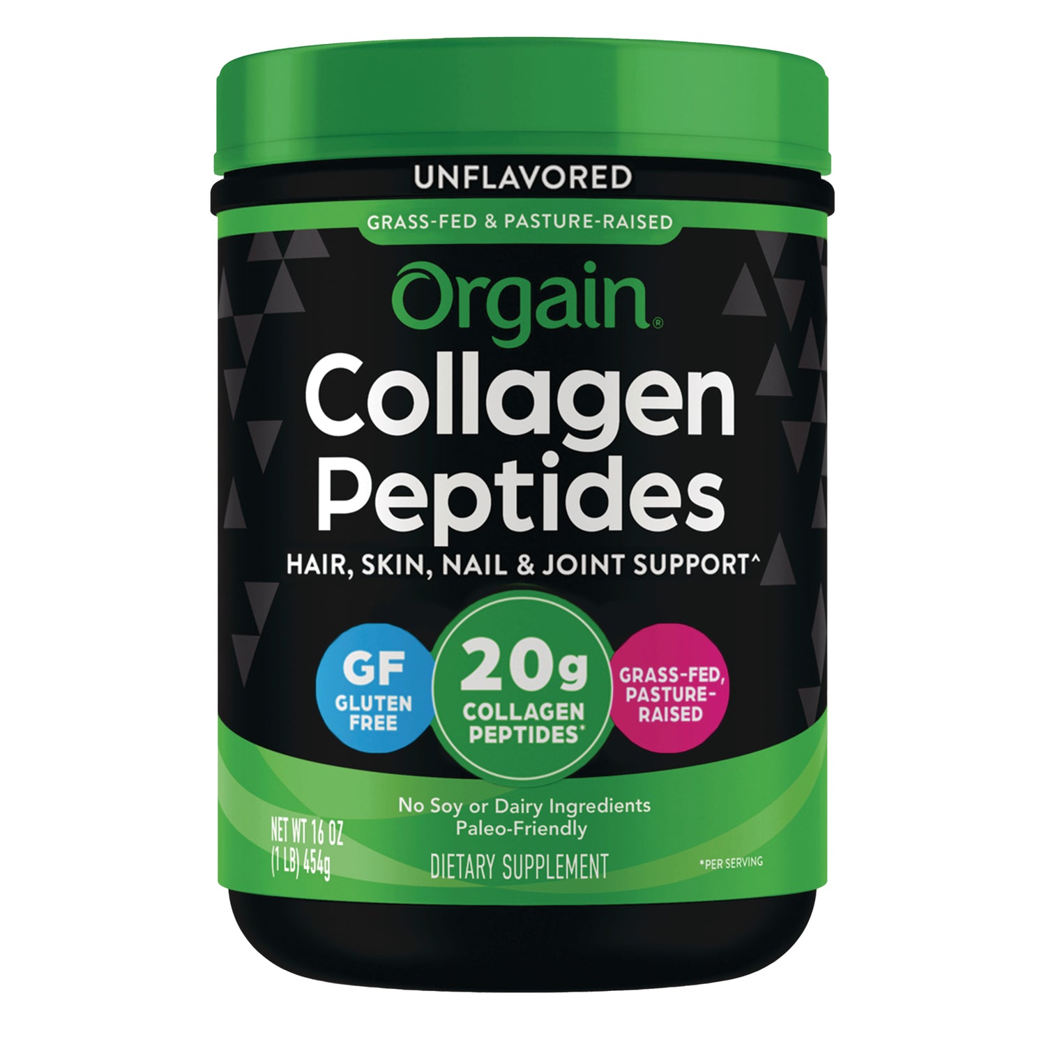 OGN005 | Orgain Collagen Peptides unflavored tub front label showing 20g collagen peptides, gluten free and grass-fed