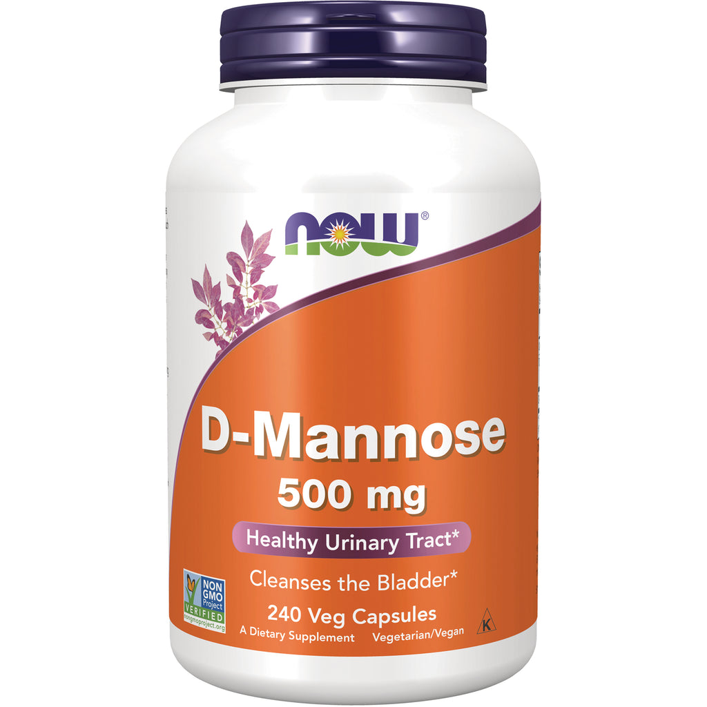 NWF1445 | NOW D-Mannose 500 mg white bottle with orange label, 240 veg capsules, Healthy Urinary Tract - Thumbnail