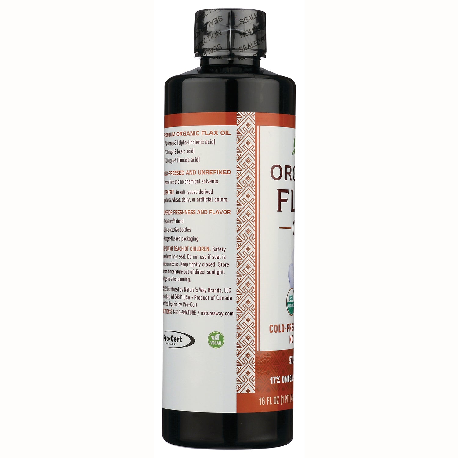 NW842 | side label of flax oil bottle showing product claims, certifications, and usage information