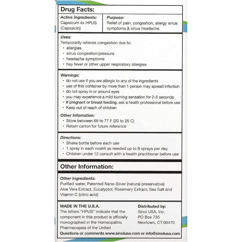 SNL004 | Drug Facts label listing capsicum 4X HPUS, purpose for sinus relief, uses, warnings, directions, and other ingredients - Thumbnail