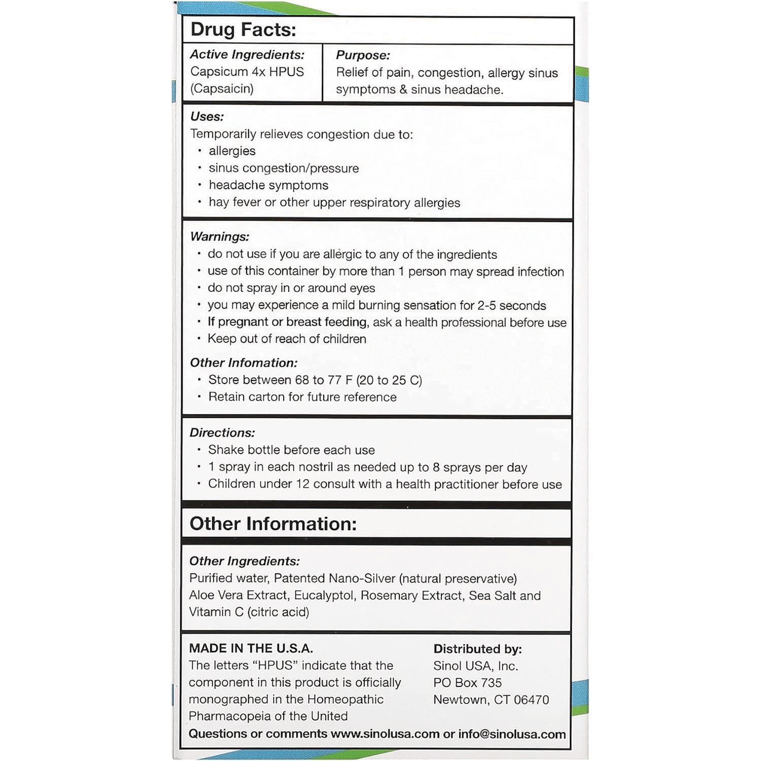 SNL004 | Drug Facts label listing capsicum 4X HPUS, purpose for sinus relief, uses, warnings, directions, and other ingredients
