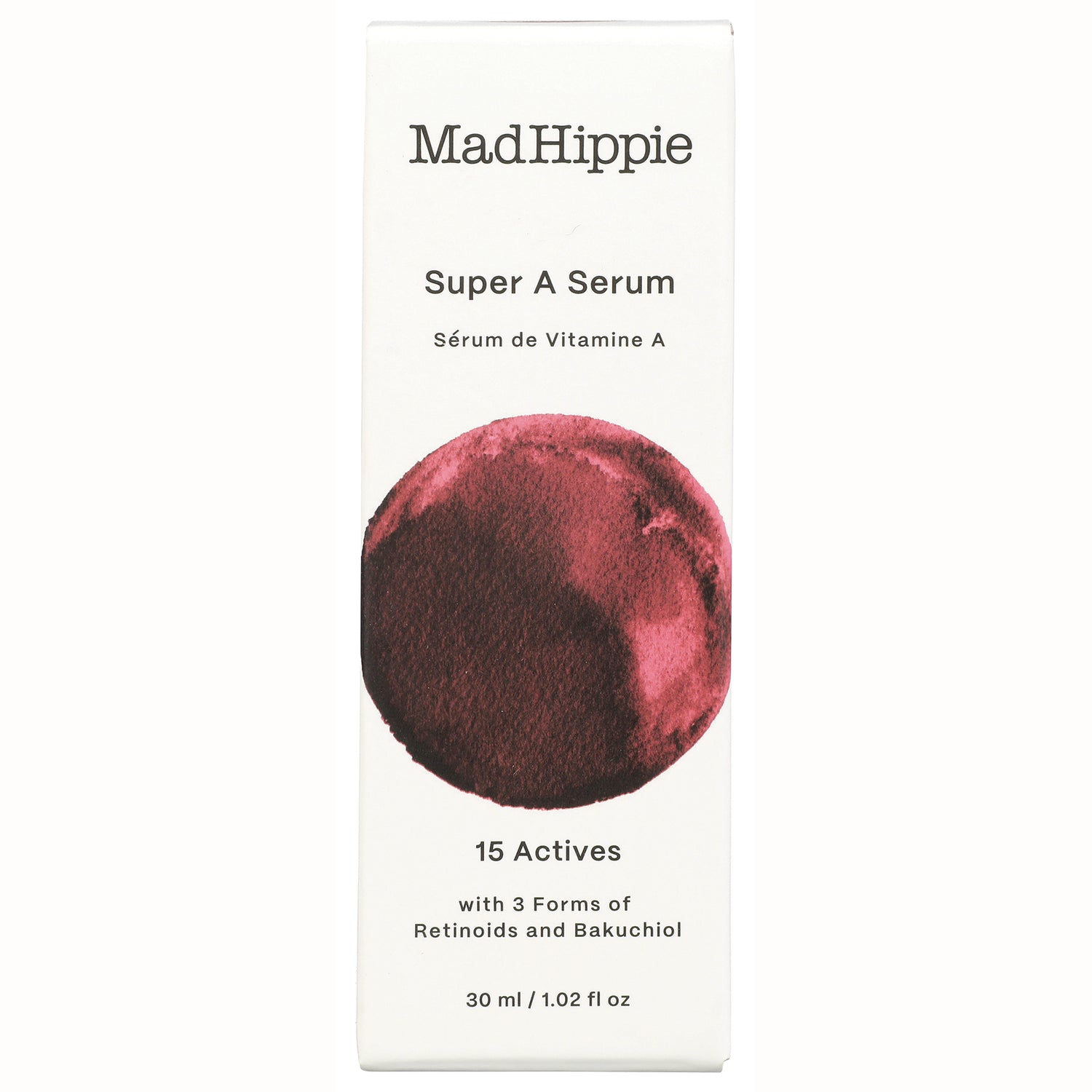 HIP007 | MadHippie Super A Serum box front with brand name, 15 Actives text and 30 ml size