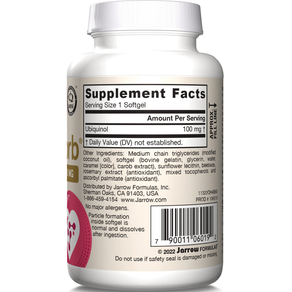 Bottle back showing Supplement Facts panel listing ubiquinol 100 mg, ingredients and barcode - Thumbnail