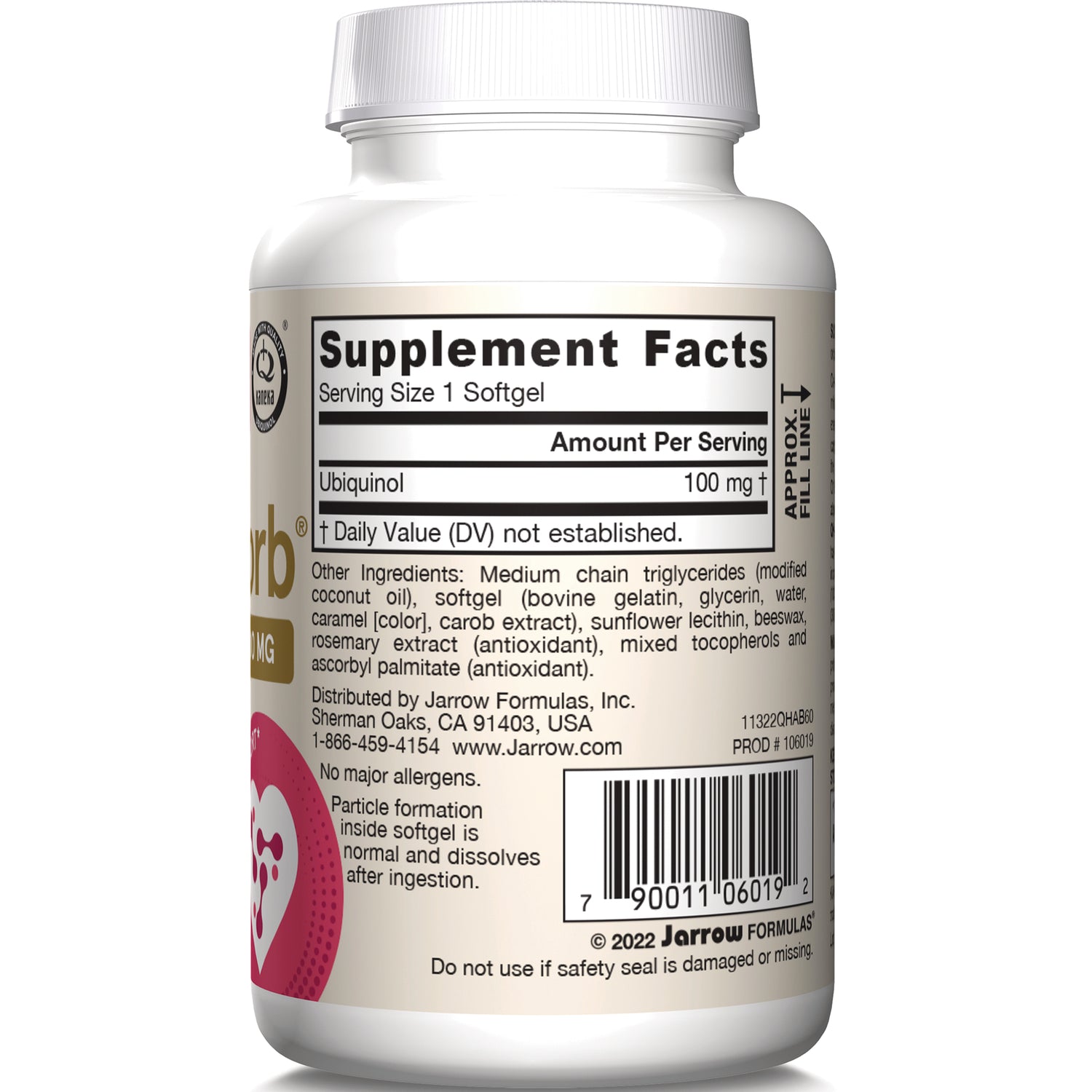 Bottle back showing Supplement Facts panel listing ubiquinol 100 mg, ingredients and barcode