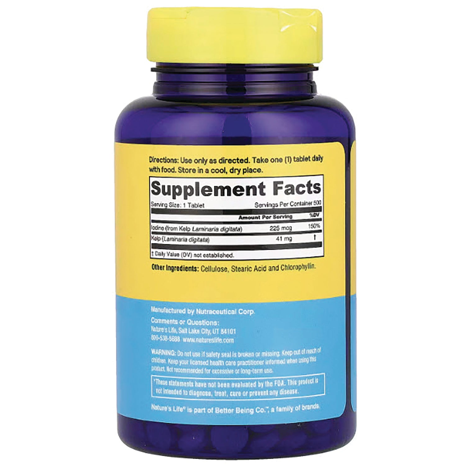 NSL001 | Blue supplement bottle back showing Supplement Facts panel, directions and warnings