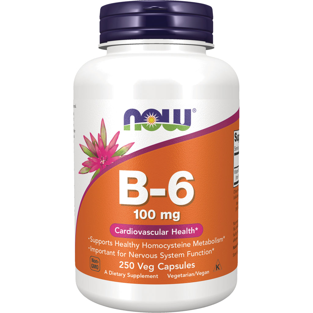 NWF1439 | NOW B-6 100 mg white bottle with orange label, 250 Veg Capsules - Thumbnail