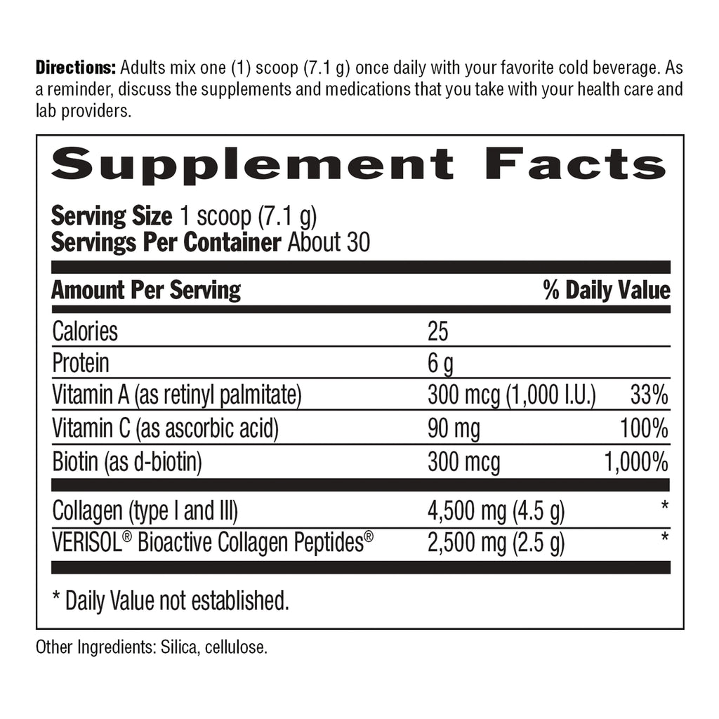 CRL647 | Supplement Facts label: serving size 1 scoop, 25 calories, 6 g protein, Vitamin A 300 mcg, Vitamin C 90 mg, biotin 300 mcg, collagen 4,500 mg - Thumbnail