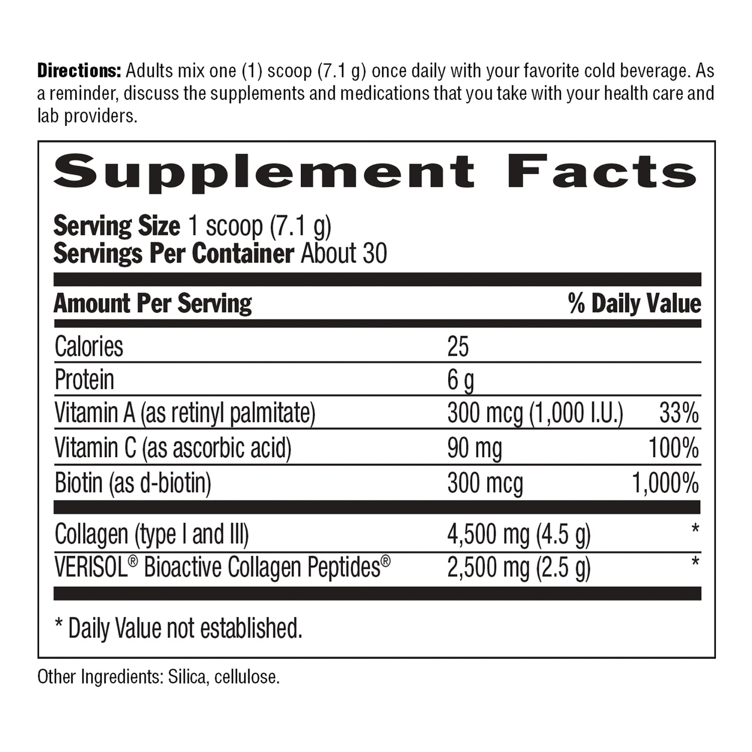 CRL647 | Supplement Facts label: serving size 1 scoop, 25 calories, 6 g protein, Vitamin A 300 mcg, Vitamin C 90 mg, biotin 300 mcg, collagen 4,500 mg