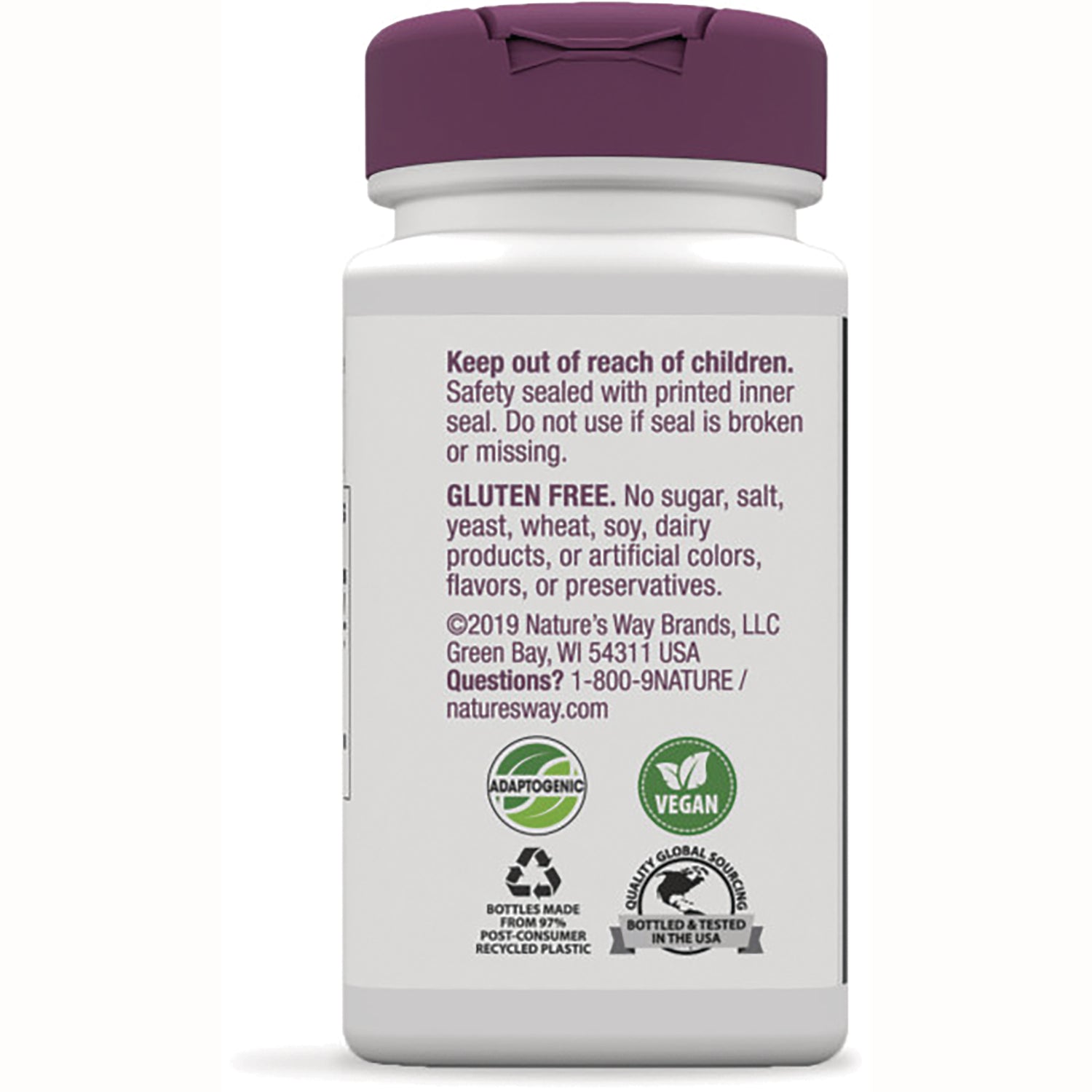 NW610 | Back label of bottle showing Keep out of reach of children and GLUTEN FREE text with adaptogenic and vegan icons