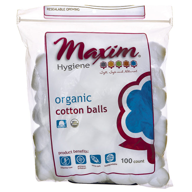 Maxim Hygiene organic cotton balls in clear resealable bag showing 100 count