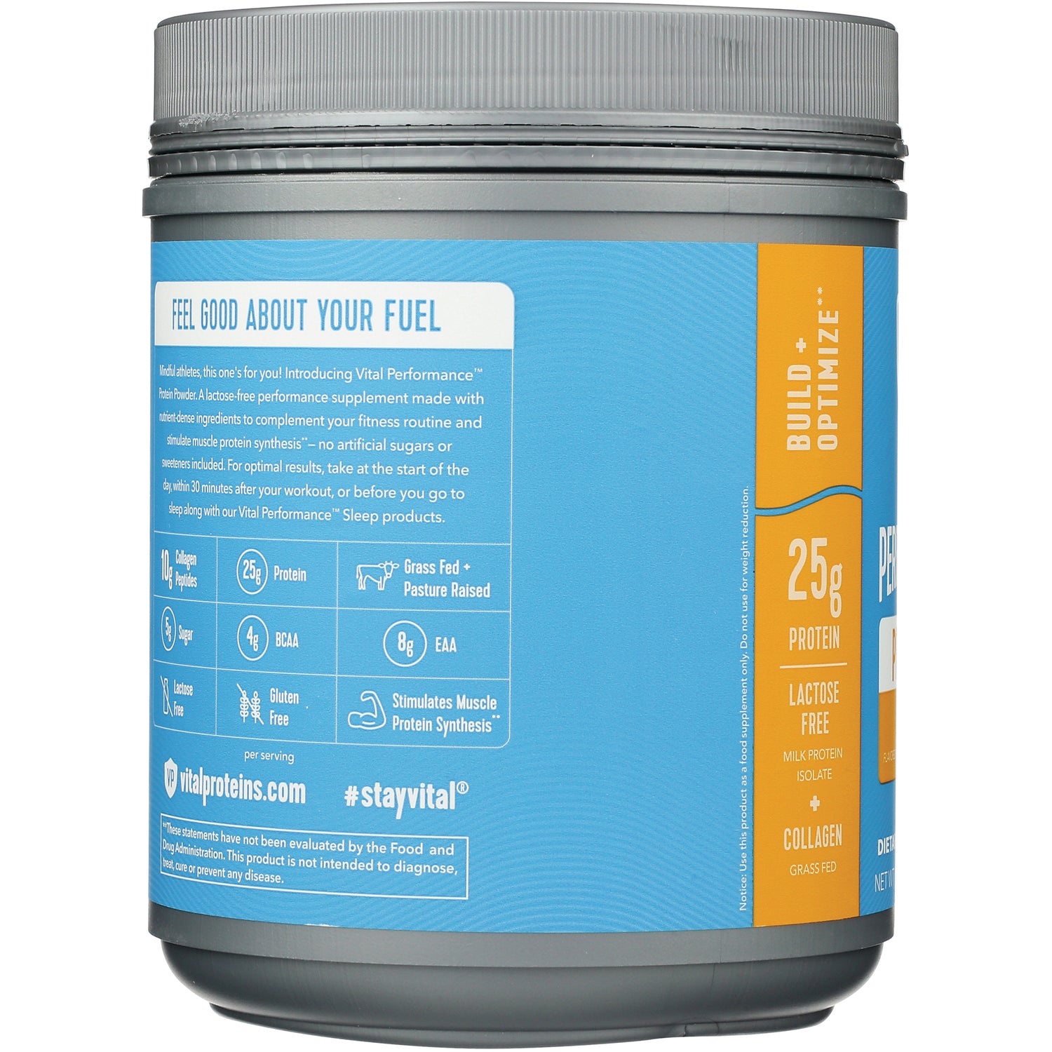 VPR040 | Vital Performance canister product infographic with benefits: 25g protein, lactose free, collagen, BCAA, EAA