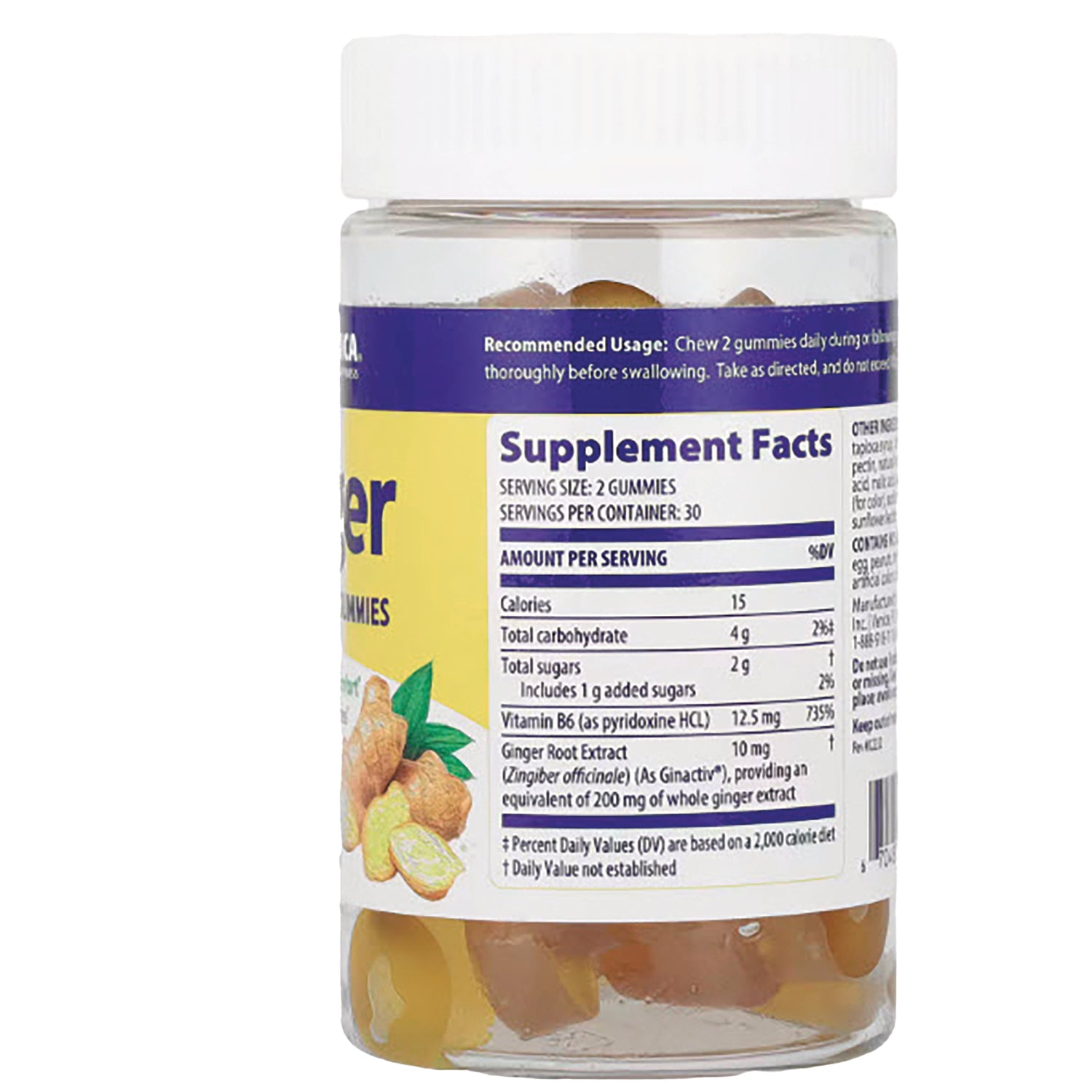 EMD100 | Back of clear jar showing Supplement Facts label and ginger gummy supplements visible inside