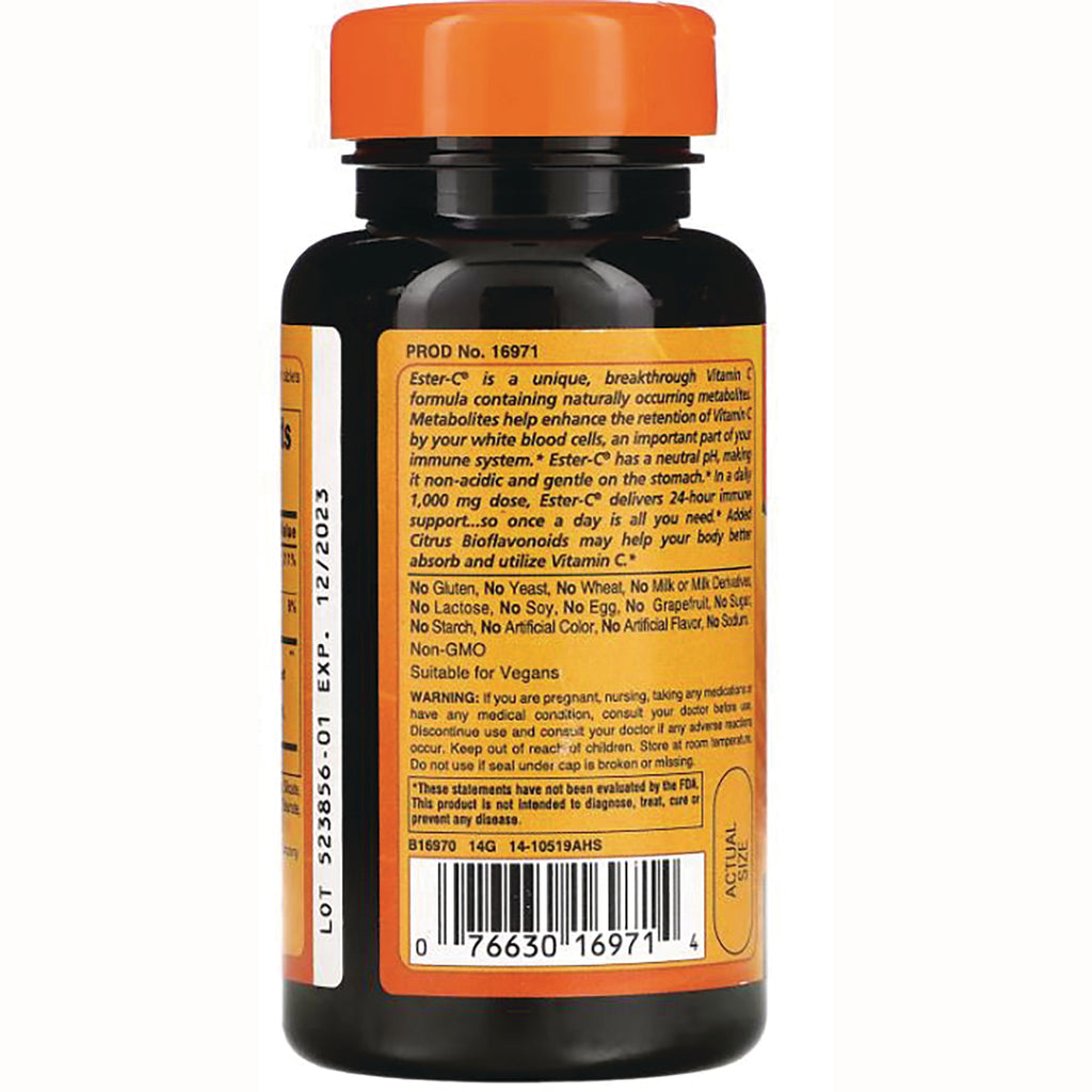 AM117 | Back label of Ester-C vitamin C supplement bottle with product info, warnings, and barcode - Thumbnail