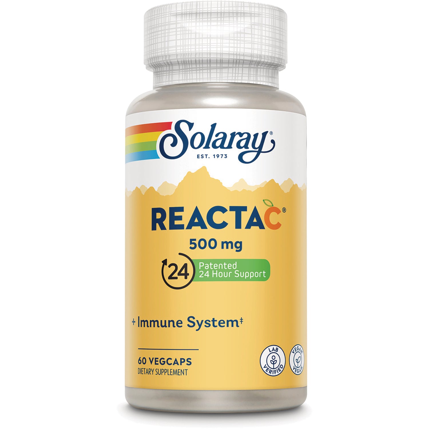 SLR398 | Solaray ReactaC 500 mg supplement bottle front, Patented 24 Hour Support, Immune System, 60 vegcaps
