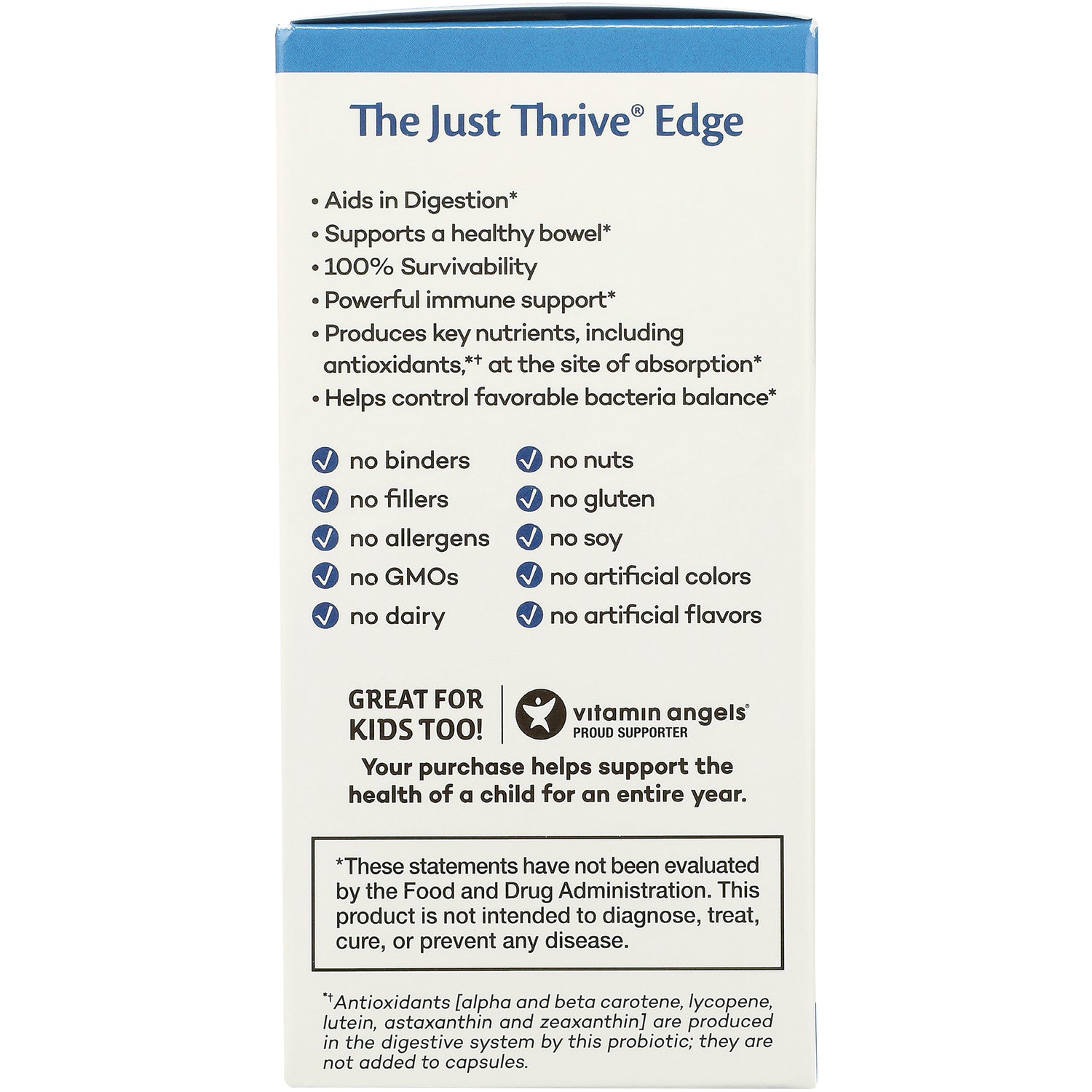 JTR001 | Back panel with benefits list, icons stating no binders no fillers no GMOs no dairy and donation information