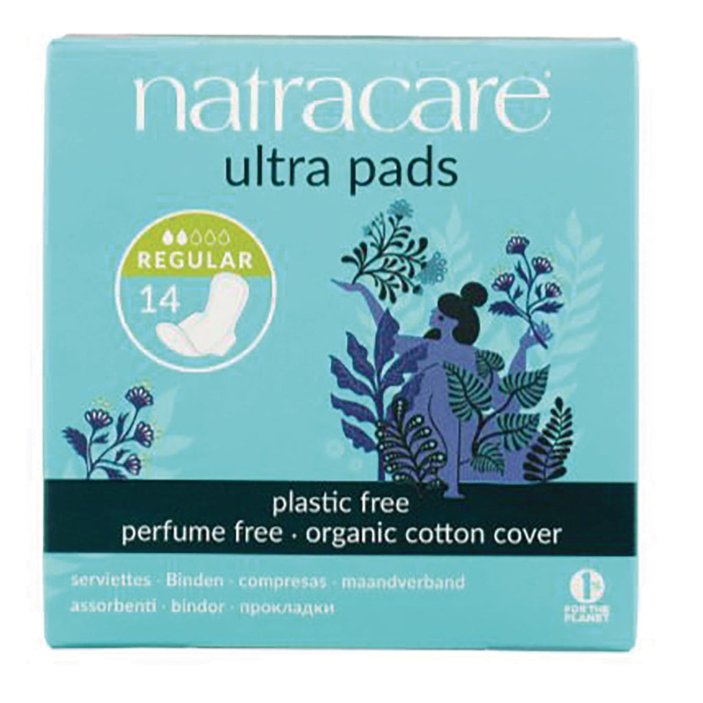 NCR008 | Natracare ultra pads box, regular 14, turquoise packaging labeled plastic free perfume free organic cotton cover - Thumbnail