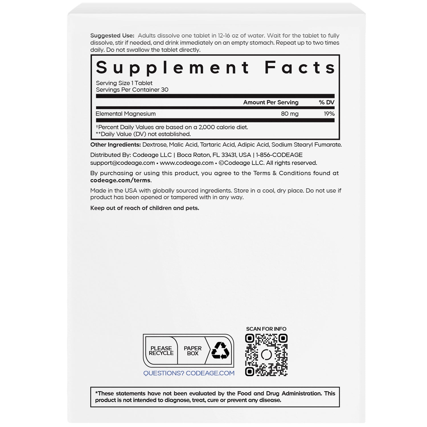 CDG046 | Back panel with Supplement Facts table showing Elemental Magnesium 80 mg, ingredient list, QR code and recycle icons