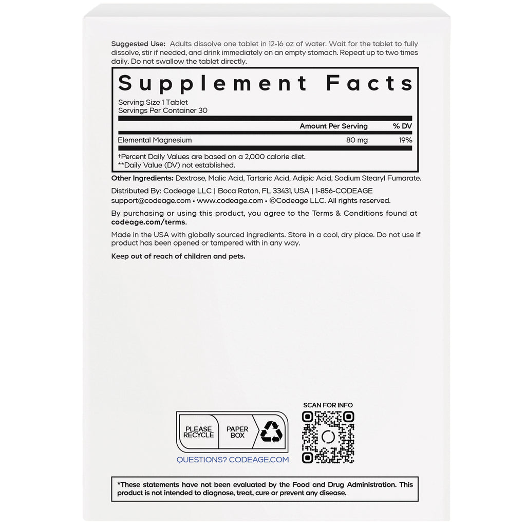 CDG046 | Back panel with Supplement Facts table showing Elemental Magnesium 80 mg, ingredient list, QR code and recycle icons - Thumbnail