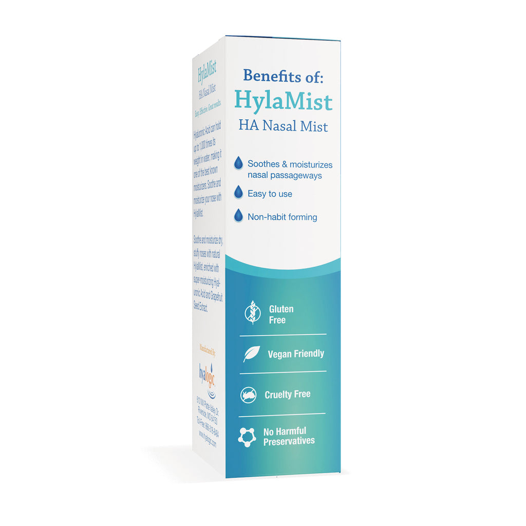 HYL012 | HylaMist HA Nasal Mist infographic panel: soothes nasal passages; easy to use; non-habit forming; gluten free; vegan friendly; cruelty free - Thumbnail
