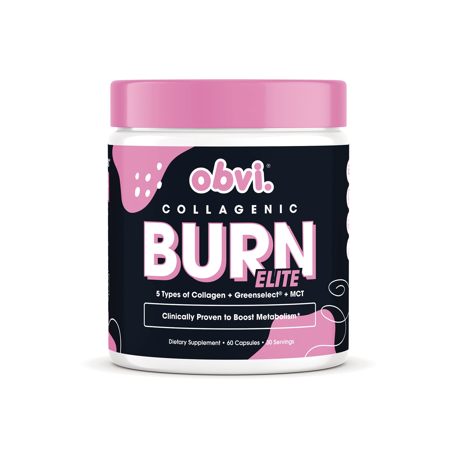 OBV004 | Obvi Collagenic BURN ELITE supplement jar with pink lid, label reading BURN ELITE and 60 capsules