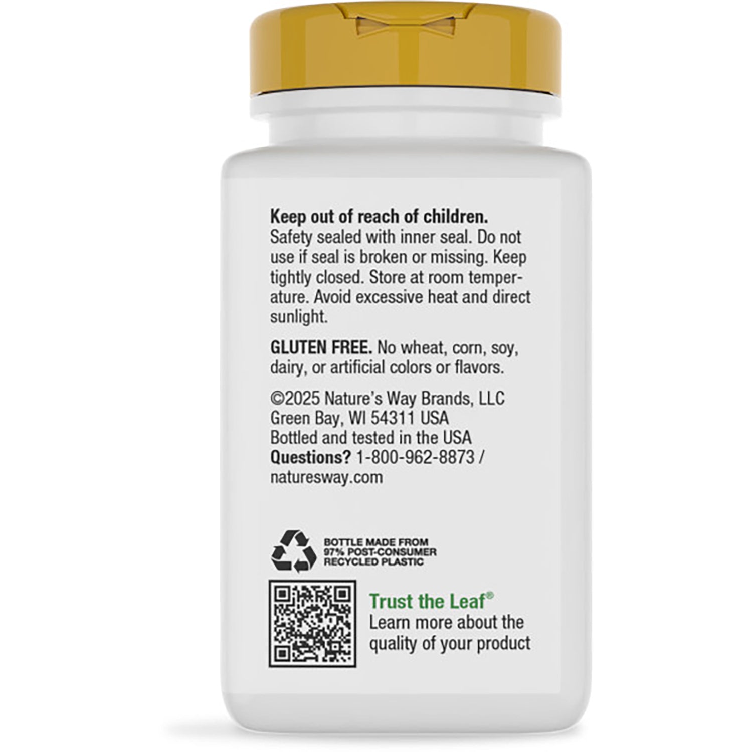 NW941 | Back label of white supplement bottle with safety warnings, gluten free statement and recycling icons