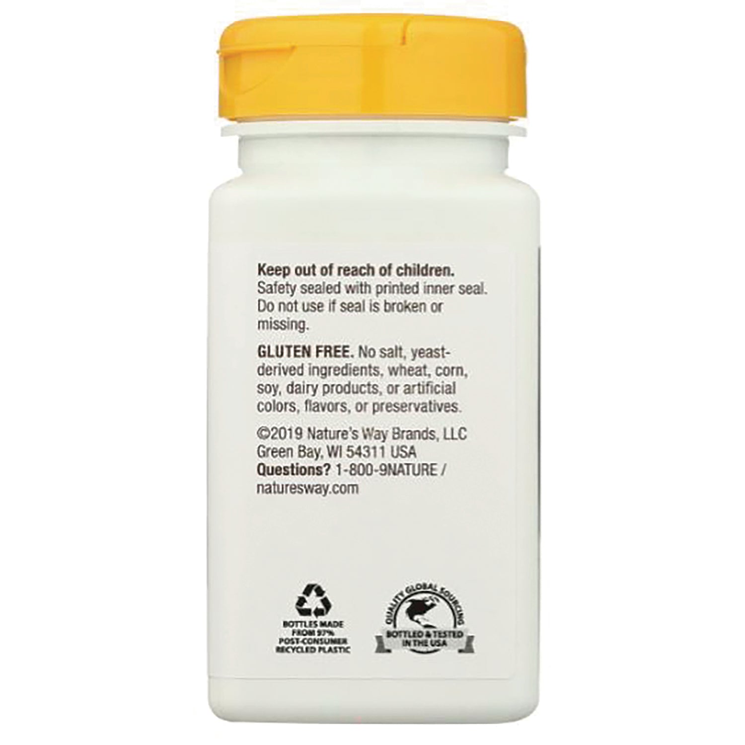 NW941 | Back label of white supplement bottle with safety warnings, gluten free statement and recycling icons