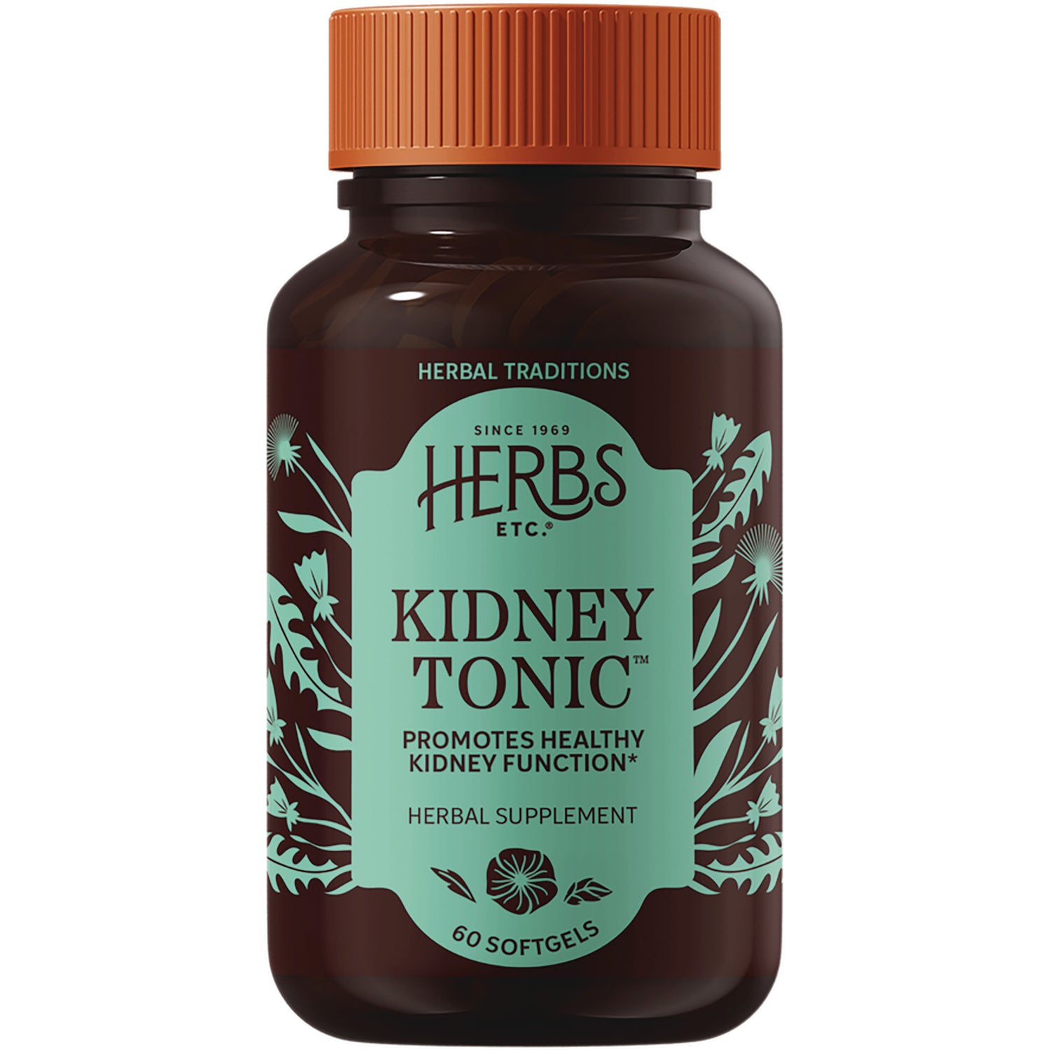 HE113 | Amber supplement bottle with orange cap labeled HERBS ETC KIDNEY TONIC promotes healthy kidney function 60 softgels