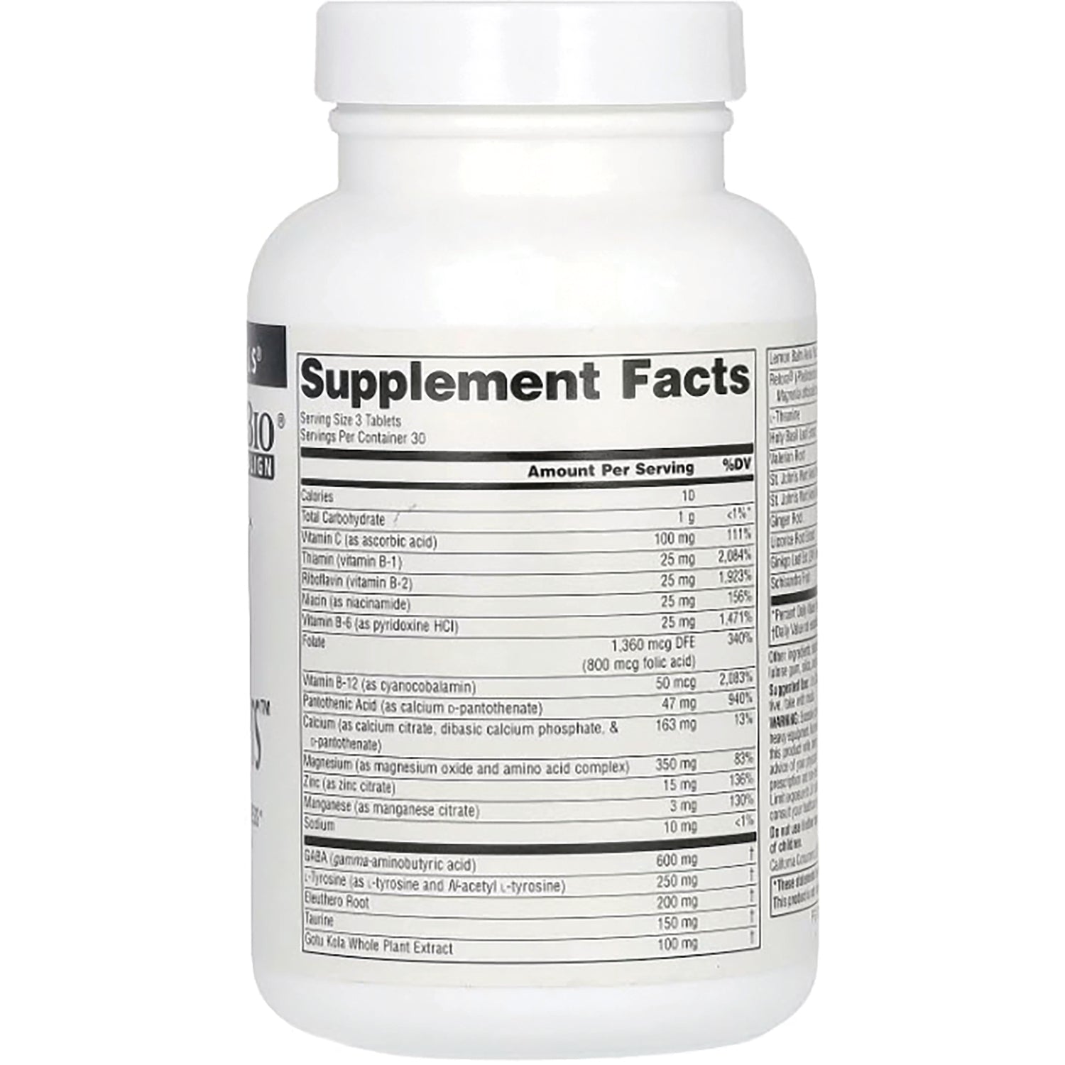 SN283 | Back label showing Supplement Facts panel on supplement bottle