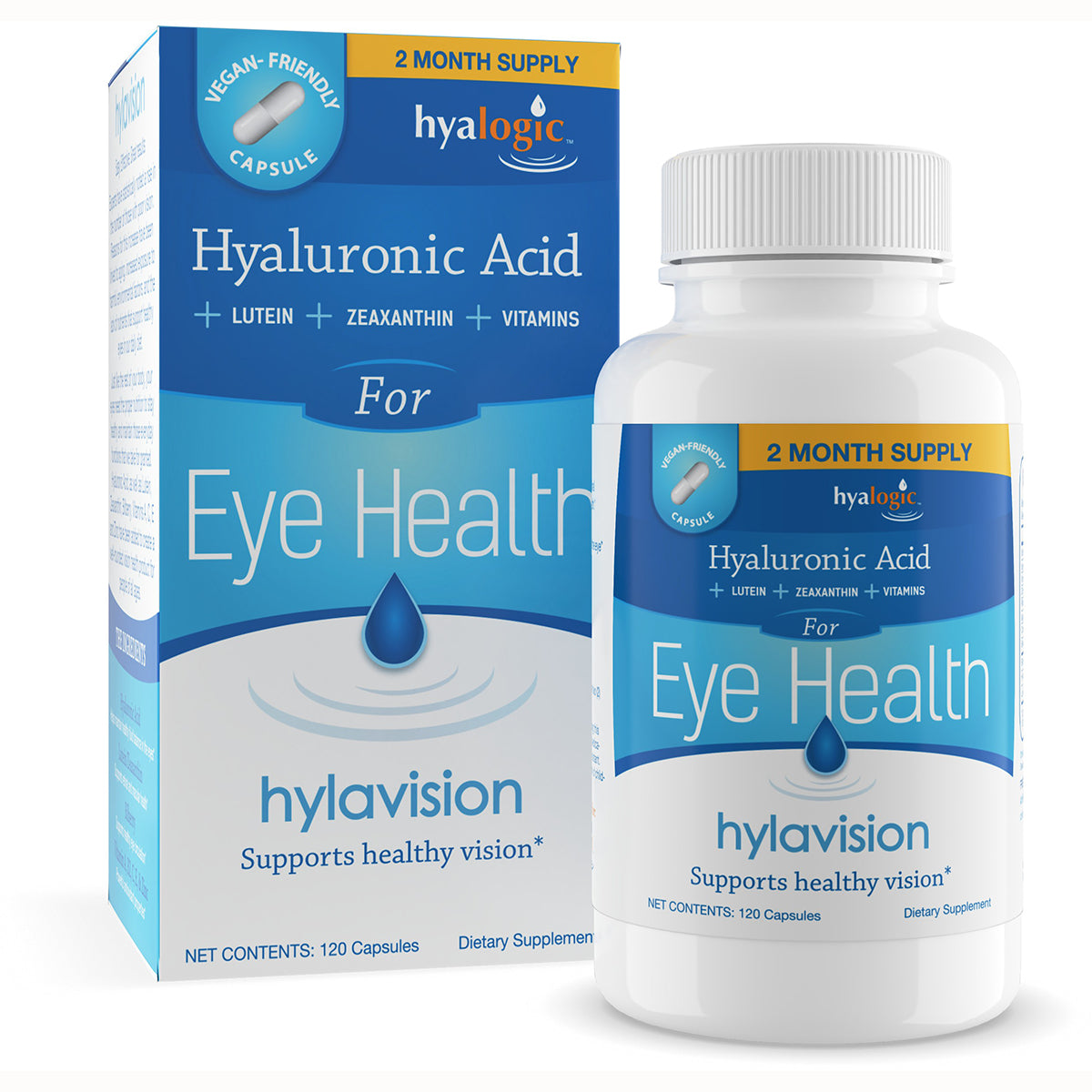HYL005 | Hyaluronic Acid for Eye Health bottle and box labeled hylavision, 2 month supply, 120 capsules