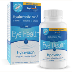 HYL005 | Hyaluronic Acid for Eye Health bottle and box labeled hylavision, 2 month supply, 120 capsules
