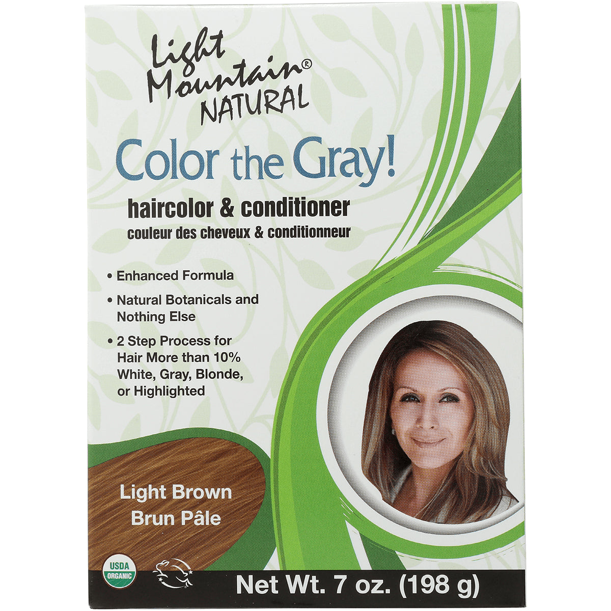 LTM004 | Light Mountain Natural Color the Gray haircolor & conditioner box, Light Brown front packaging with model portrait