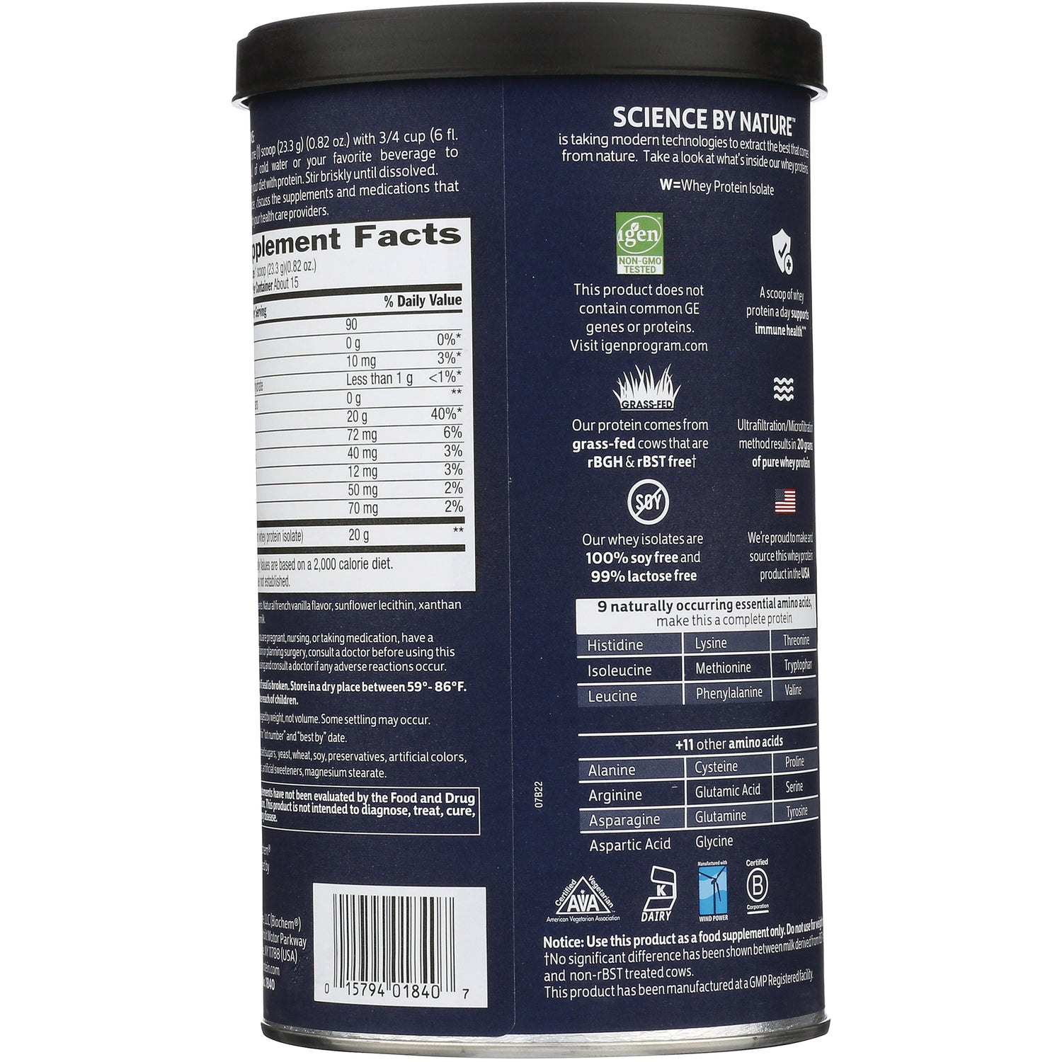 CRL232 | Back label of navy supplement can showing Supplement Facts nutrition table and certification icons