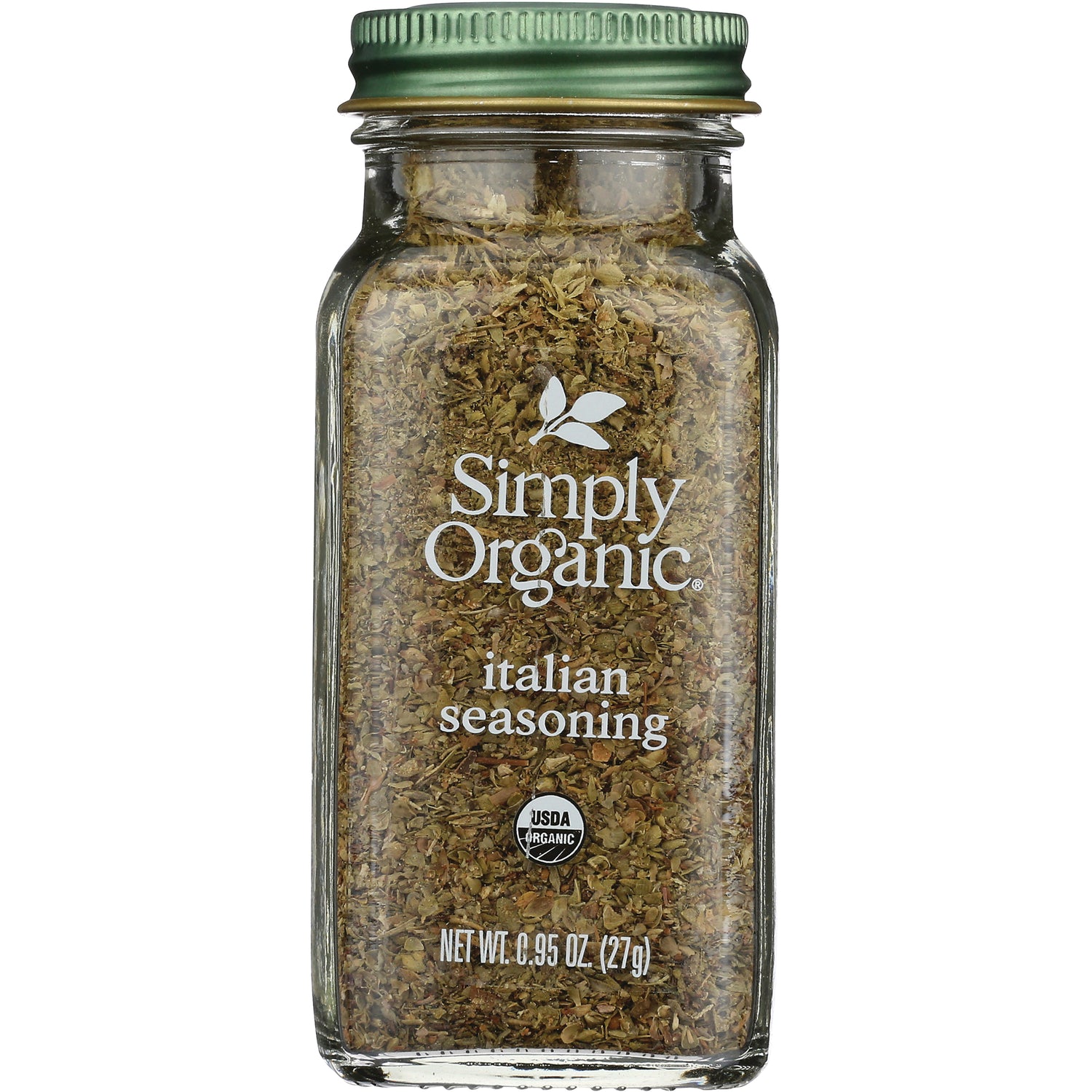 SMP029 | Simply Organic italian seasoning in clear glass jar with green lid, visible label and net wt 0.95 oz (27 g)