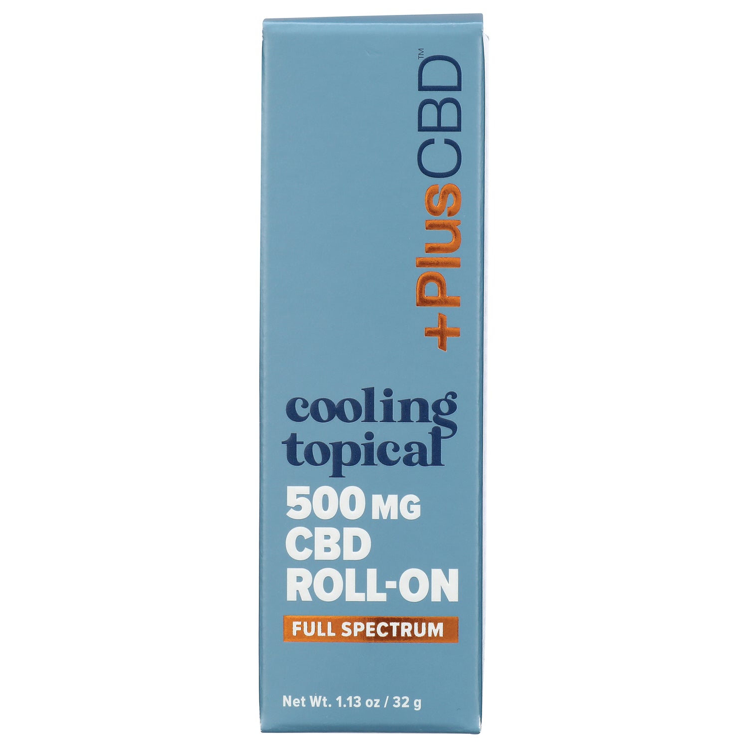 CV015 | teal vertical box labeled +PLUS CBD cooling topical 500 MG CBD roll-on full spectrum, front packaging, net wt 1.13 oz