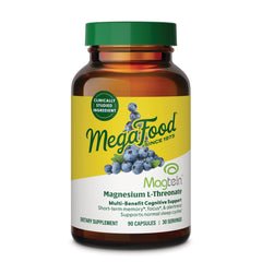 MGF142 | MegaFood Magtein magnesium L-Threonate supplement bottle, front label with blueberries, 90 capsules