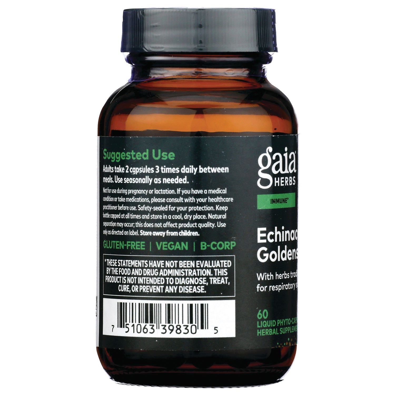 GH006 | back label of brown supplement bottle showing suggested use text, gluten-free and vegan badges and barcode