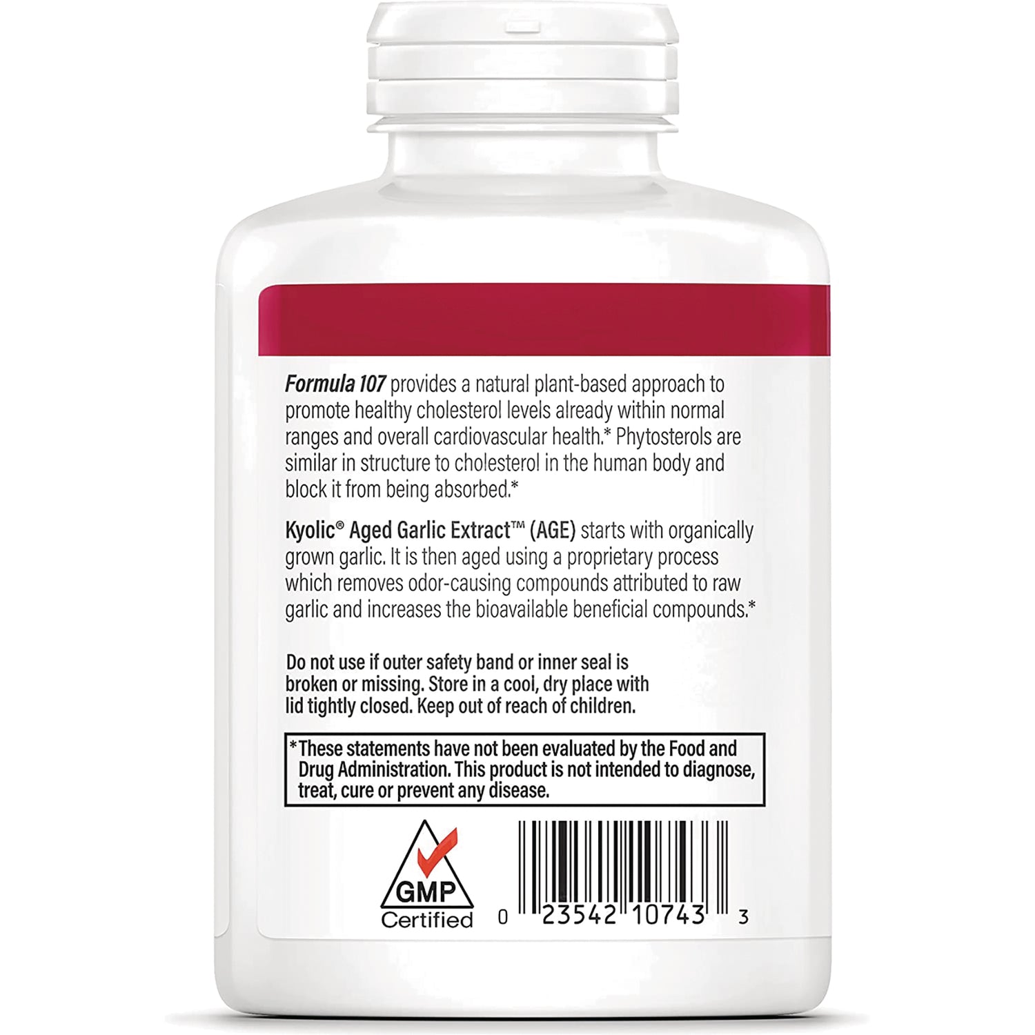 KY123 | back label of white supplement bottle showing product description, usage warnings, barcode and GMP logo