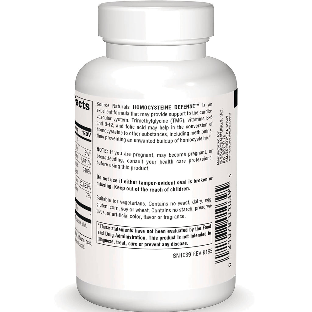 SN343 | Source Naturals Homocysteine Defense supplement bottle back label with directions, warnings, and barcode - Thumbnail
