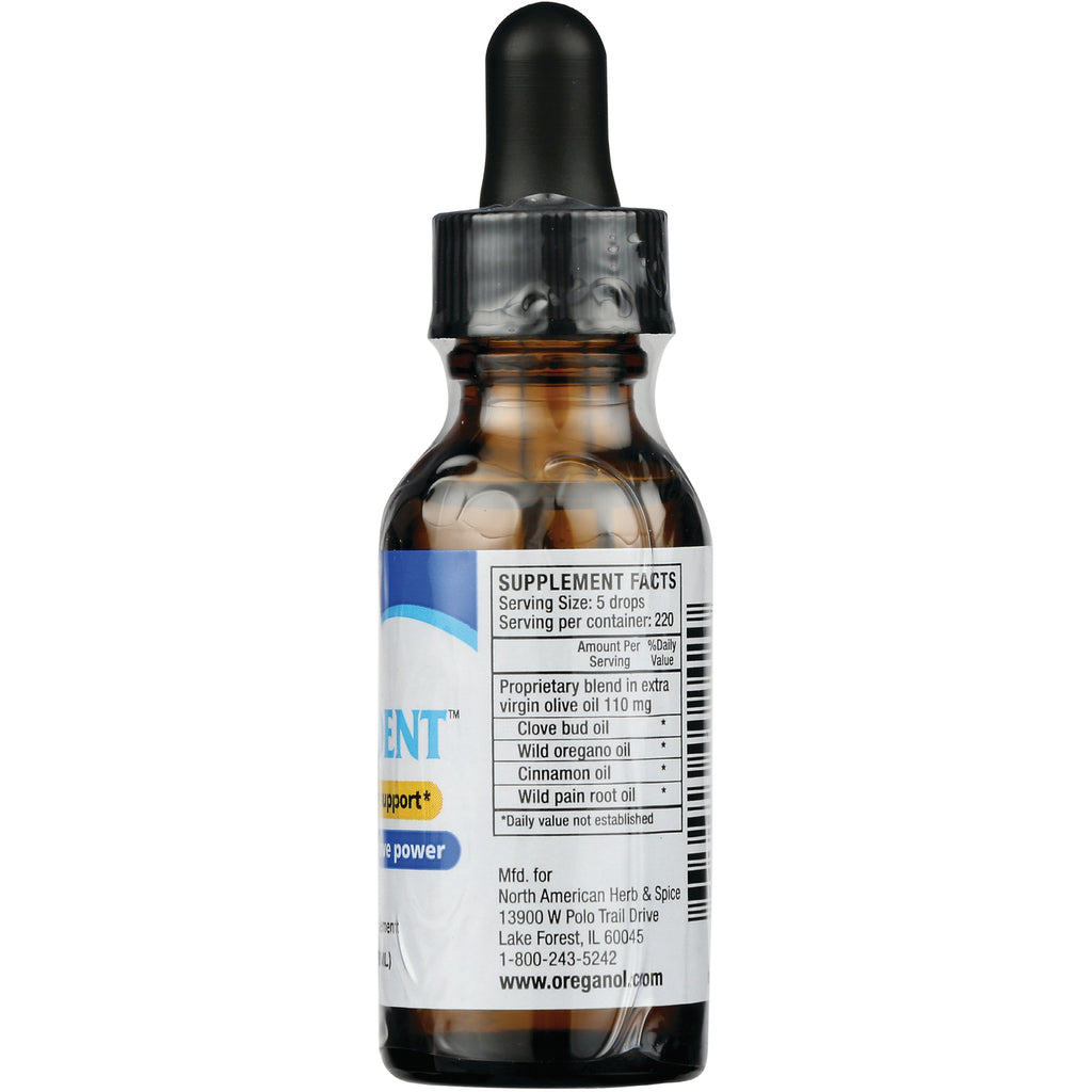 NHS043 | Back of amber dropper bottle with supplement facts panel listing clove bud oil, wild oregano oil, cinnamon oil and manufacturer details - Thumbnail