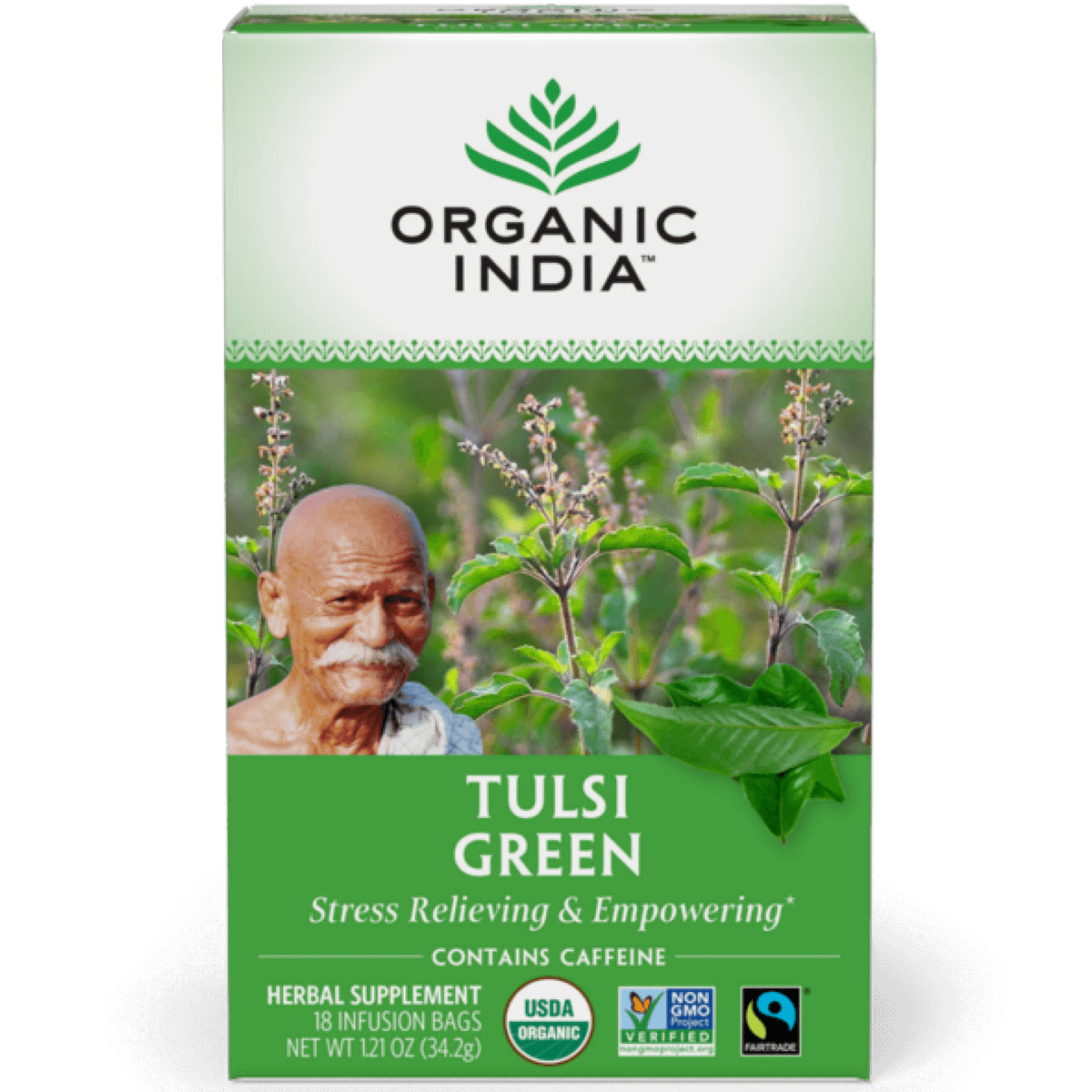 RGN002 | Organic India Tulsi Green tea box front showing logo, leaves, portrait, 18 infusion bags