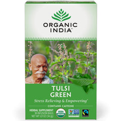 RGN002 | Organic India Tulsi Green tea box front showing logo, leaves, portrait, 18 infusion bags