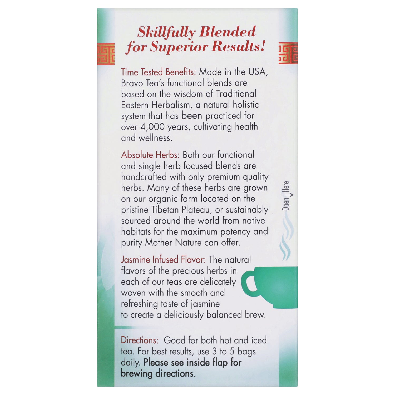 BVT005 | product infographic panel reading Skillfully Blended for Superior Results with benefits, herbs, jasmine flavor and brewing directions