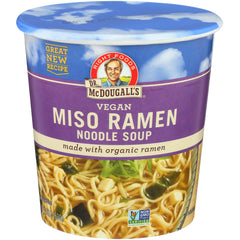 DMD001 | Dr. McDougall's vegan Miso Ramen noodle soup cup front showing noodles and label made with organic ramen