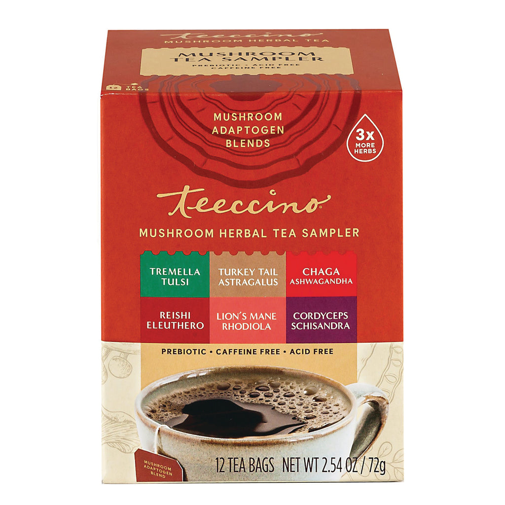 TCN036 | Teeccino Mushroom Herbal Tea Sampler box front, 12 tea bags; prebiotic, caffeine free, acid free - Thumbnail