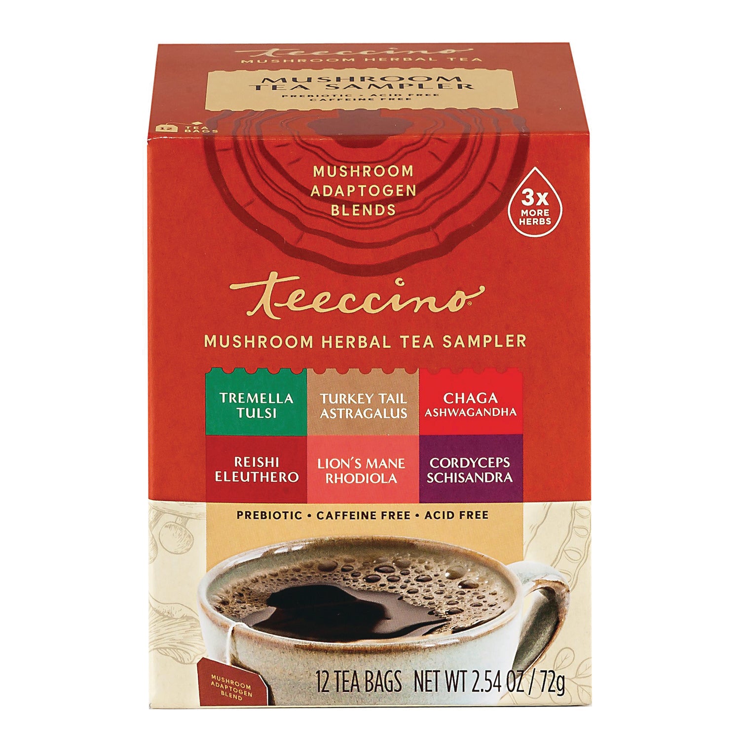TCN036 | Teeccino Mushroom Herbal Tea Sampler box front, 12 tea bags; prebiotic, caffeine free, acid free