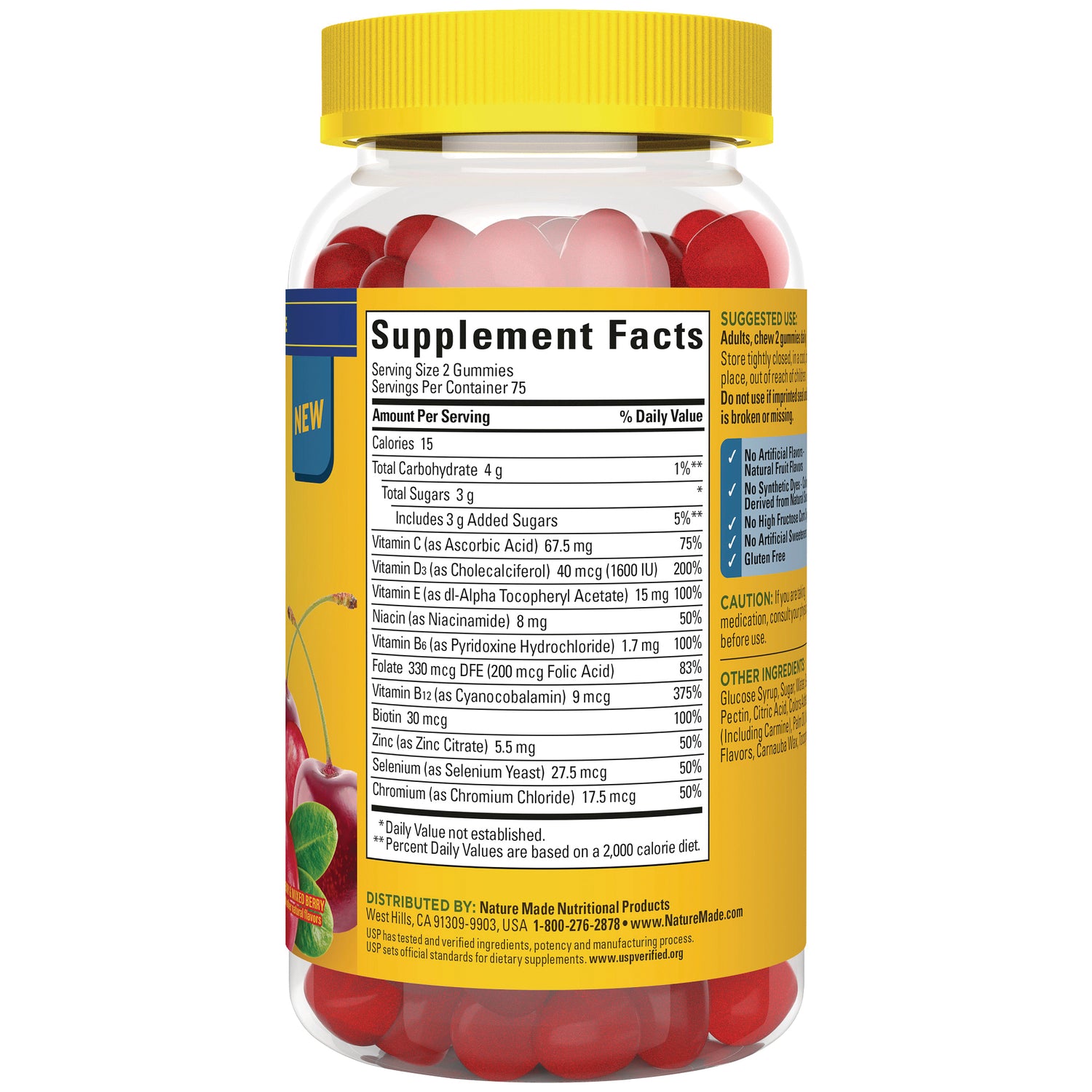 NTM197 | Back label showing Supplement Facts panel and red gummy vitamins in clear bottle